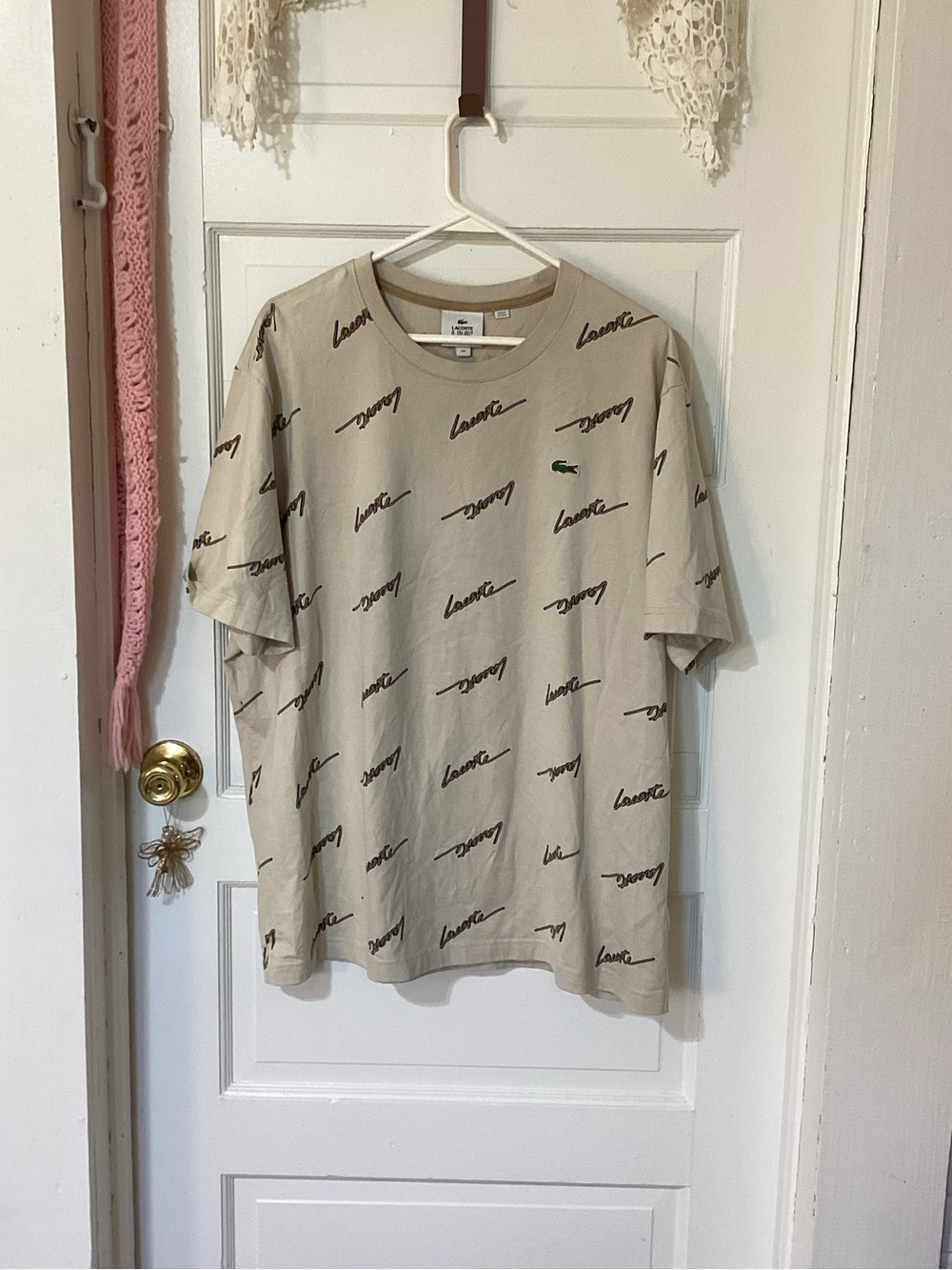 Lacoste Beige All-Over Logo Crewneck T-Shirt with Green Crocodile